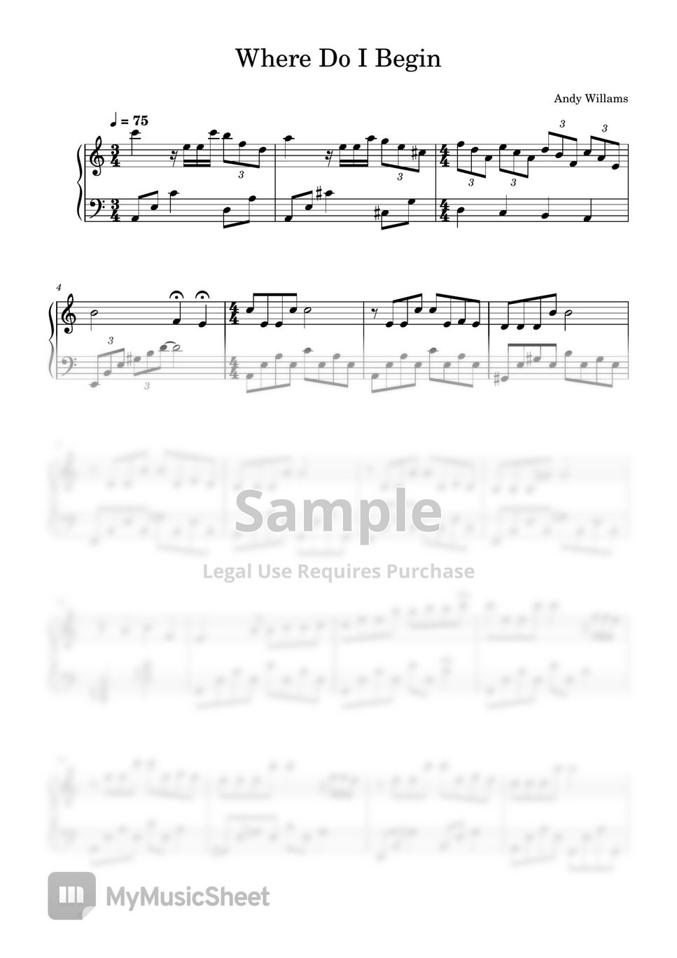 Andy willams where do i begin easy sheet music by sangheart play
