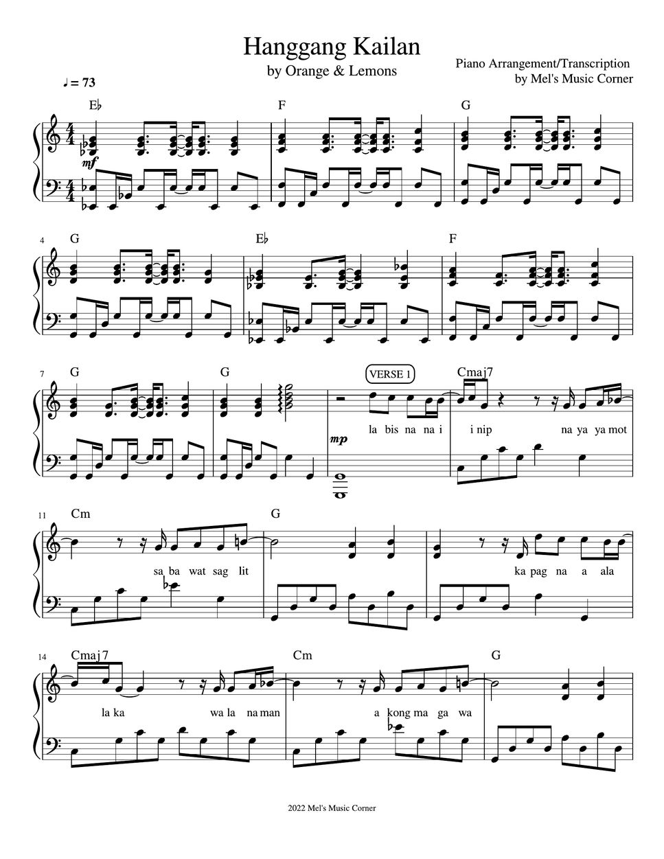 Orange and Lemons Hanggang Kailan (piano sheet music) Sheet by Mel's