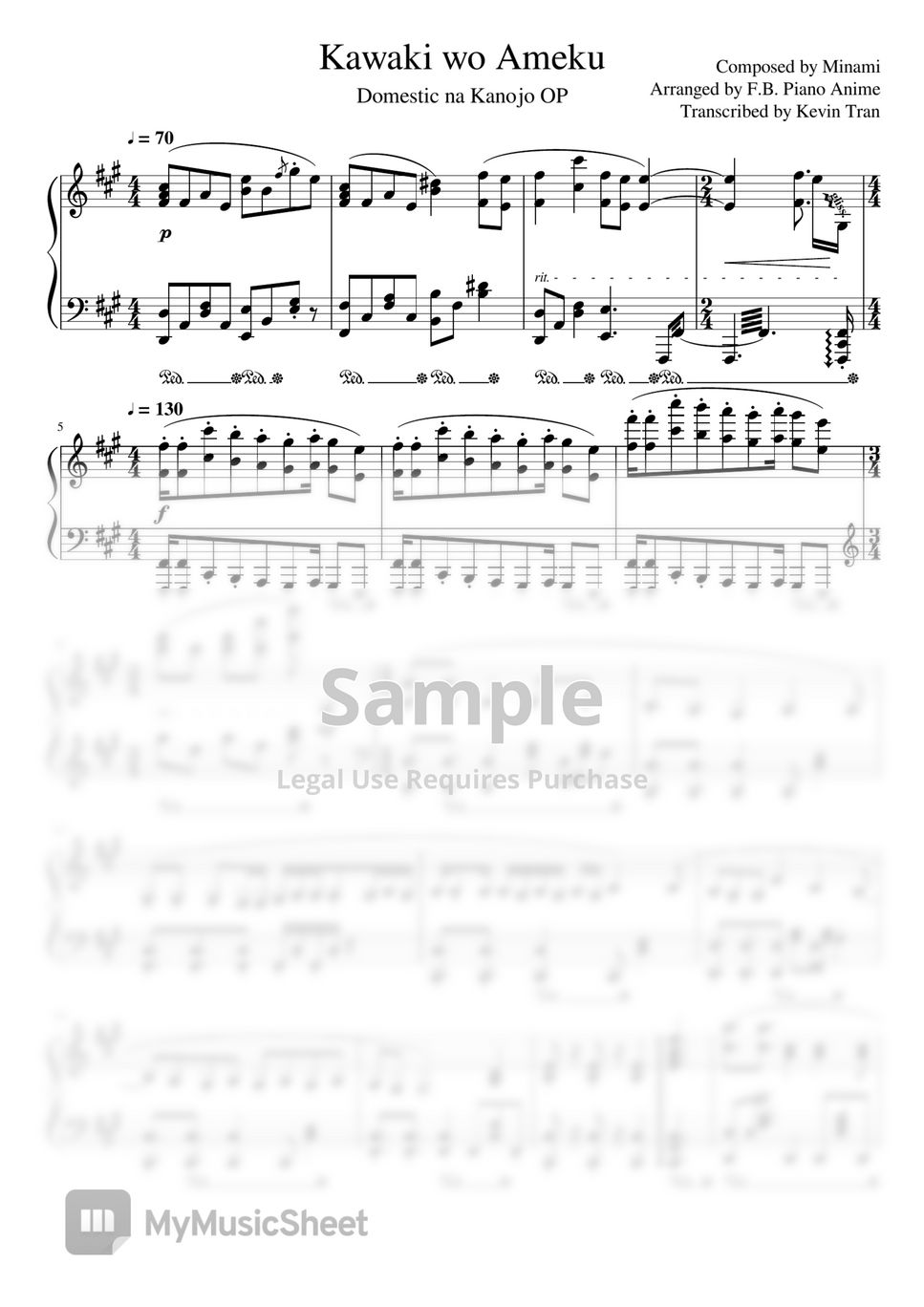 Domestic na Kanojo OP - Kawaki wo Ameku (Sheet Music PDF)