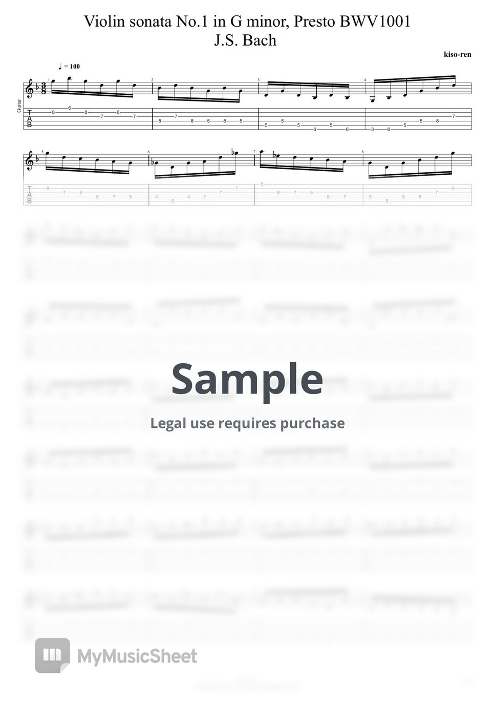 J.S. Bach - Violin sonata No.1 in G minor, Presto - J.S. Bach BWV 1001 (extract) (TAB PDF & Guitar Pro files.（gp5）) by Technical Guitar
