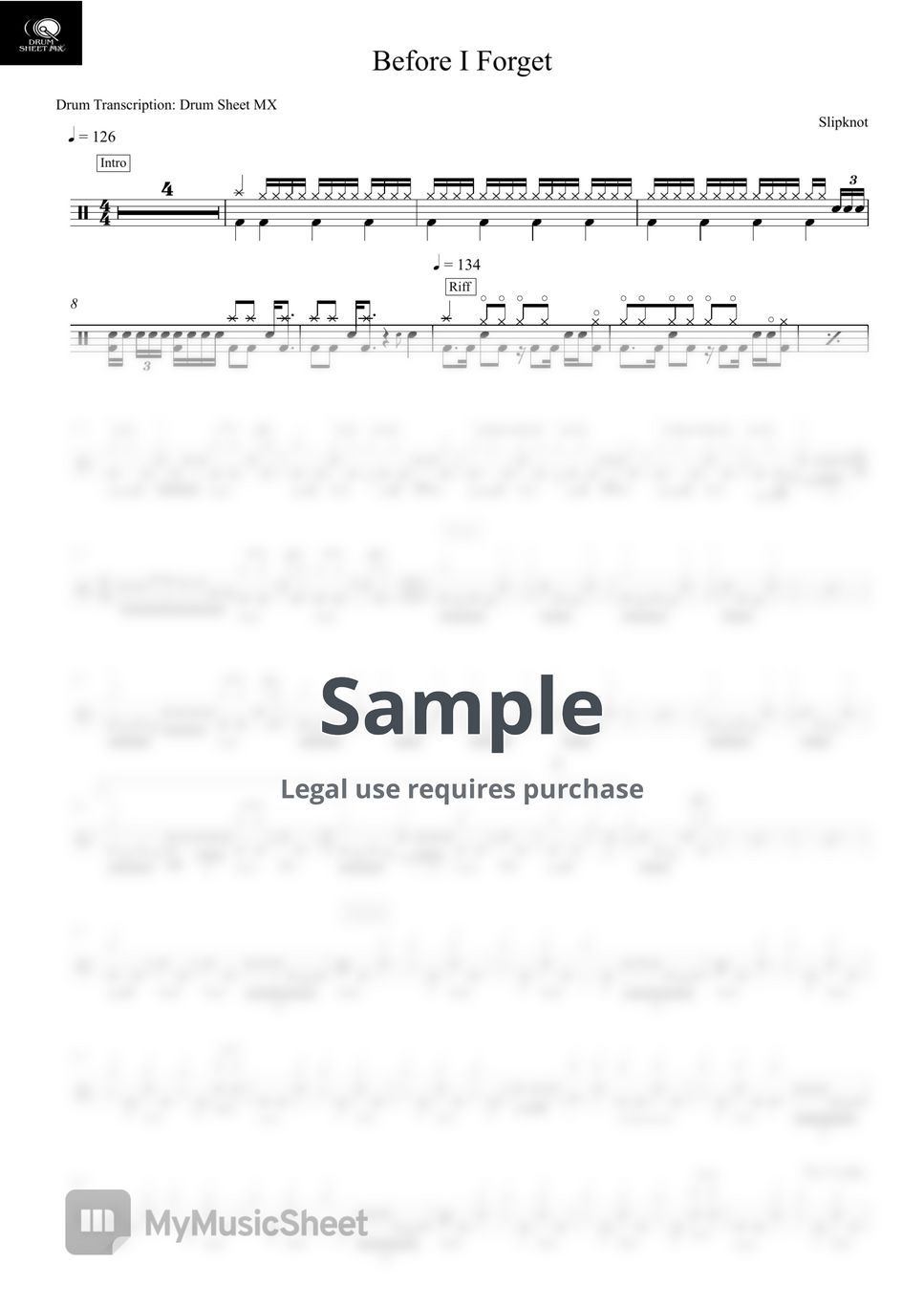 Slipknot - Before I Forget by Drum Transcription: Drum Sheet MX