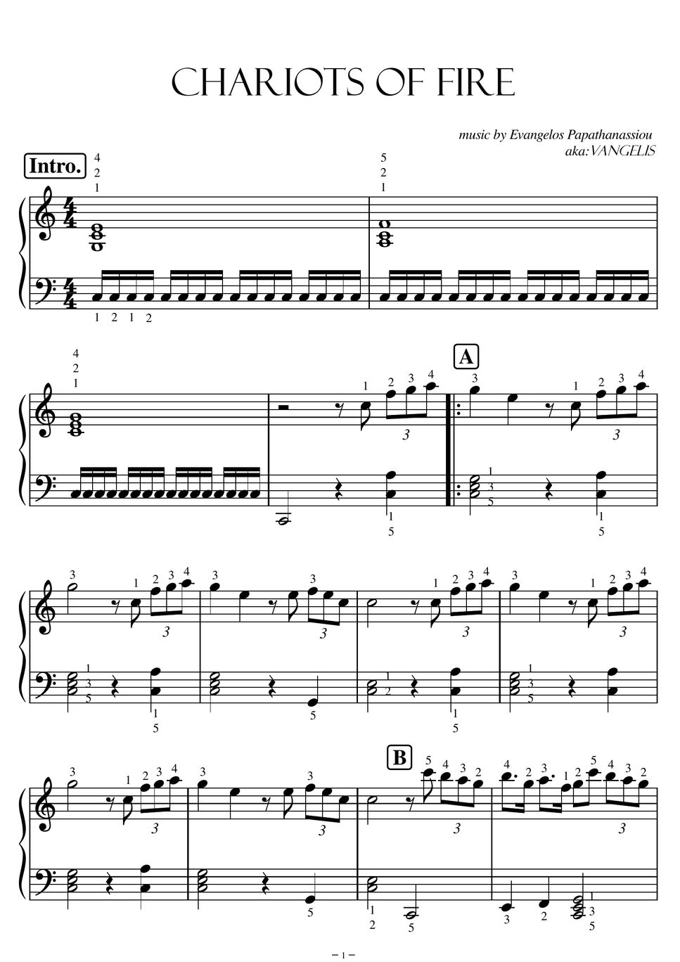 ヴァンゲリス - 【初級】炎のランナー（ハ長調）/CHARIOTS OF FIRE (オリンピック) by ピアノの先生の楽譜集
