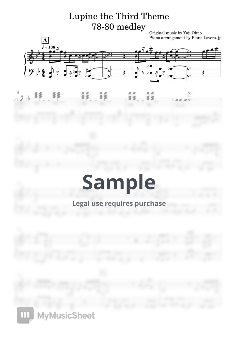 Yuji Ohno - Lupin the Third Medley(’78〜80) (Piano Sheet Music / Intermediate) by Piano Lovers. jp