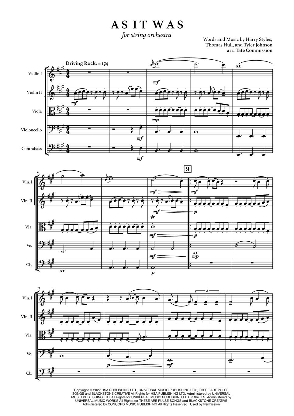 Harry Styles As It Was (string orchestra) Partition musicale by Tate