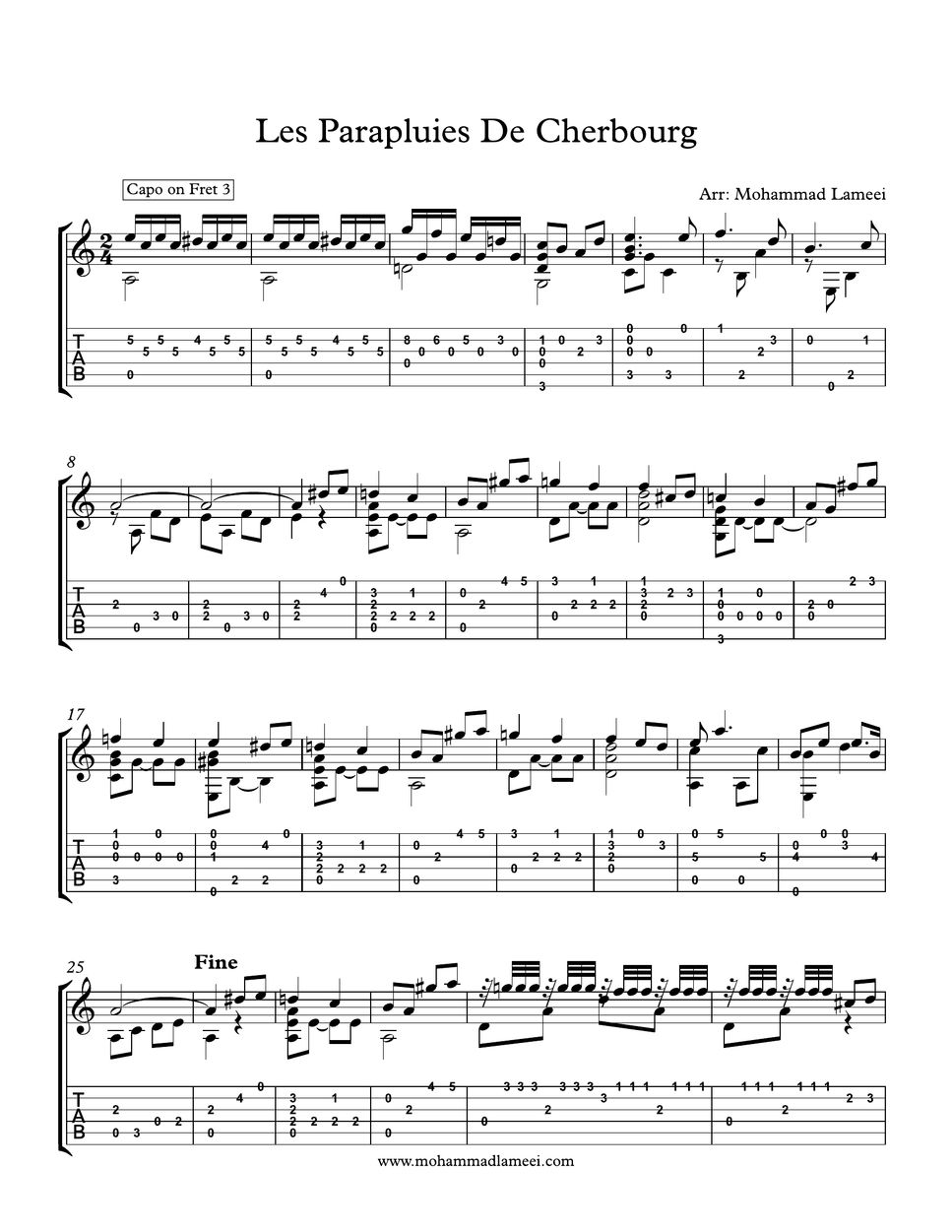 Les Parapluies De Cherbourg French song Tab + 단선 악보 by Mohammad Lameei