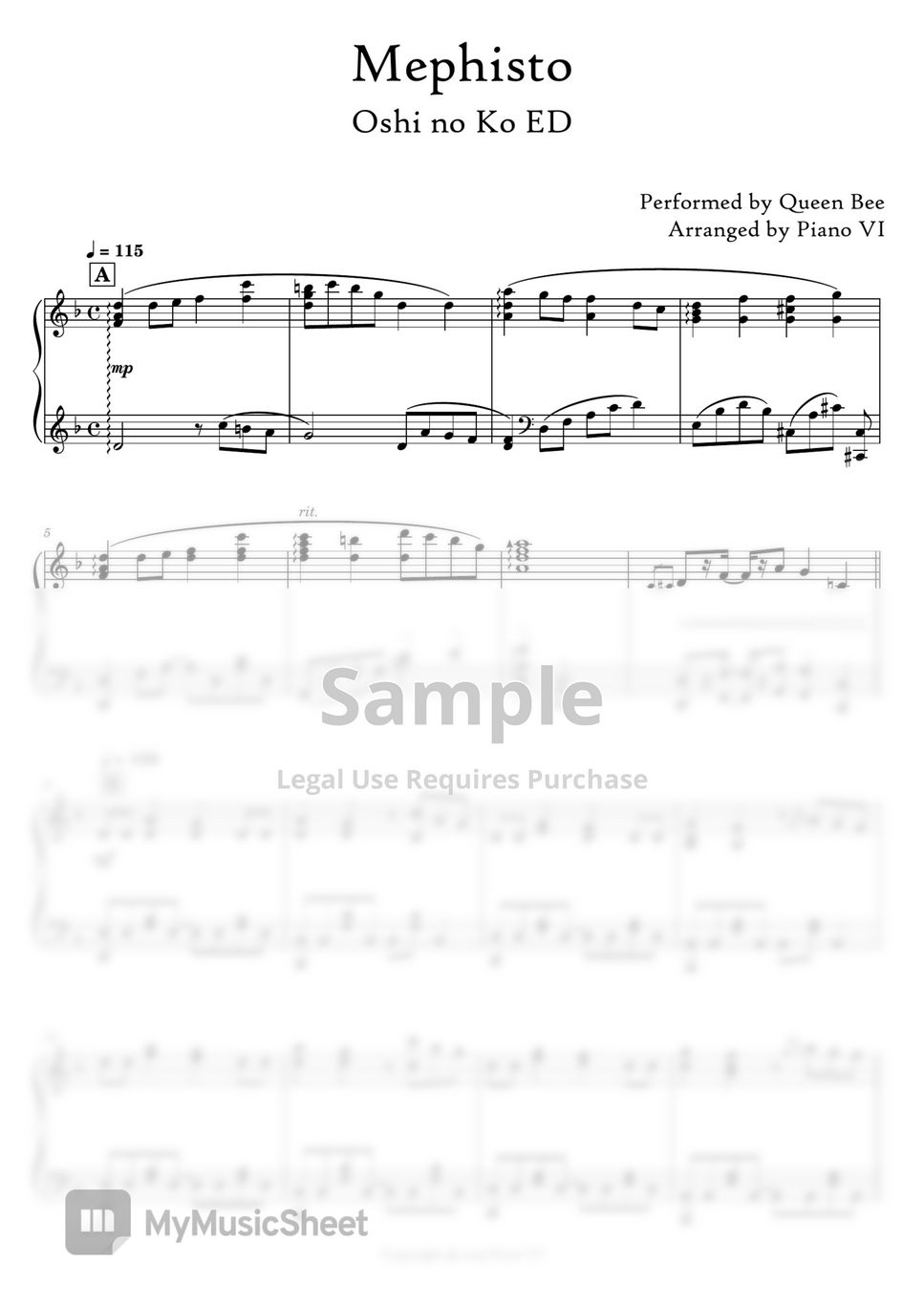 Queen Bee Mephisto Sheets by Piano VI