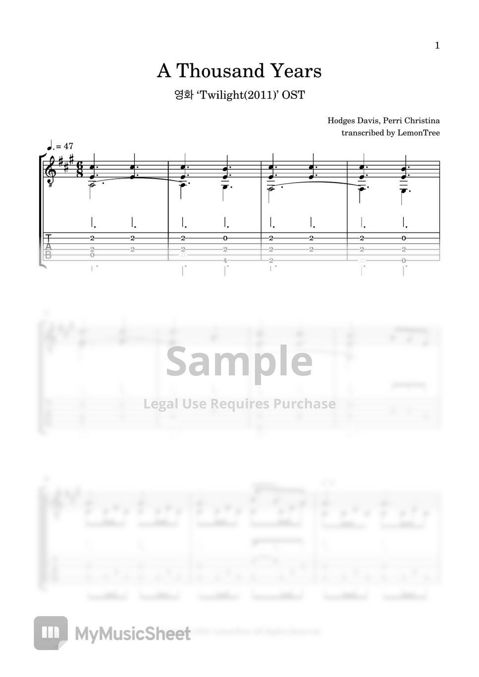 Christina Perri A Thousand Years (fingerstyle) Tab + 단선 악보 by LemonTree