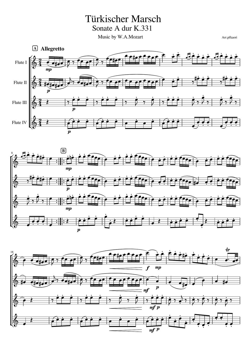 Mozart - Turkish March K.331 (Flute Quartetto /unaccompanied) by pfkaori