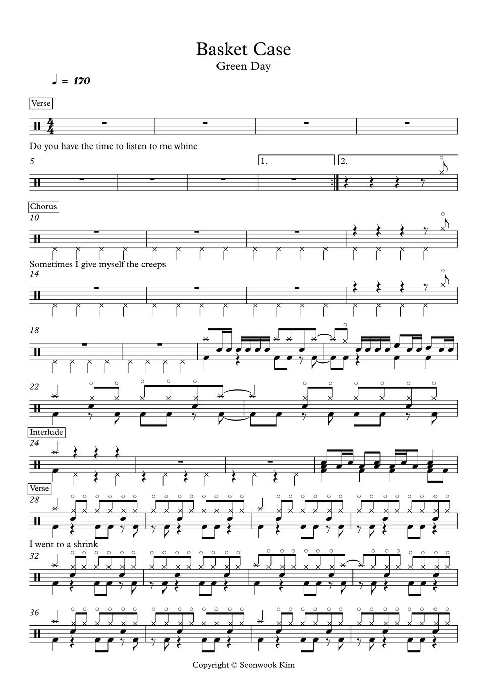 Green Day Basket Case (드럼악보) نوتة by Seonwook Kim