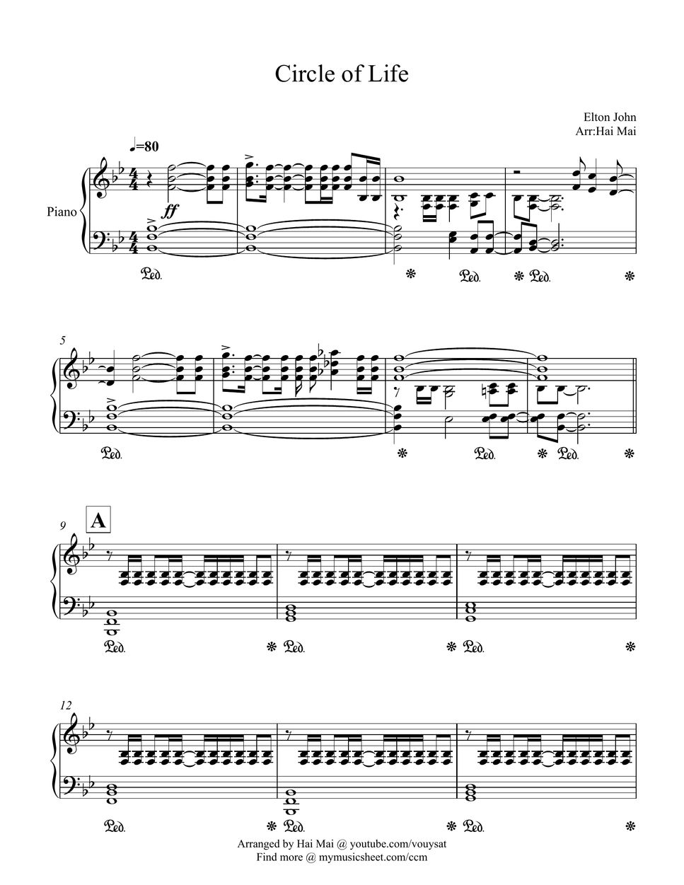 Elton John Circle of Life for Piano Sheet by Hai Mai