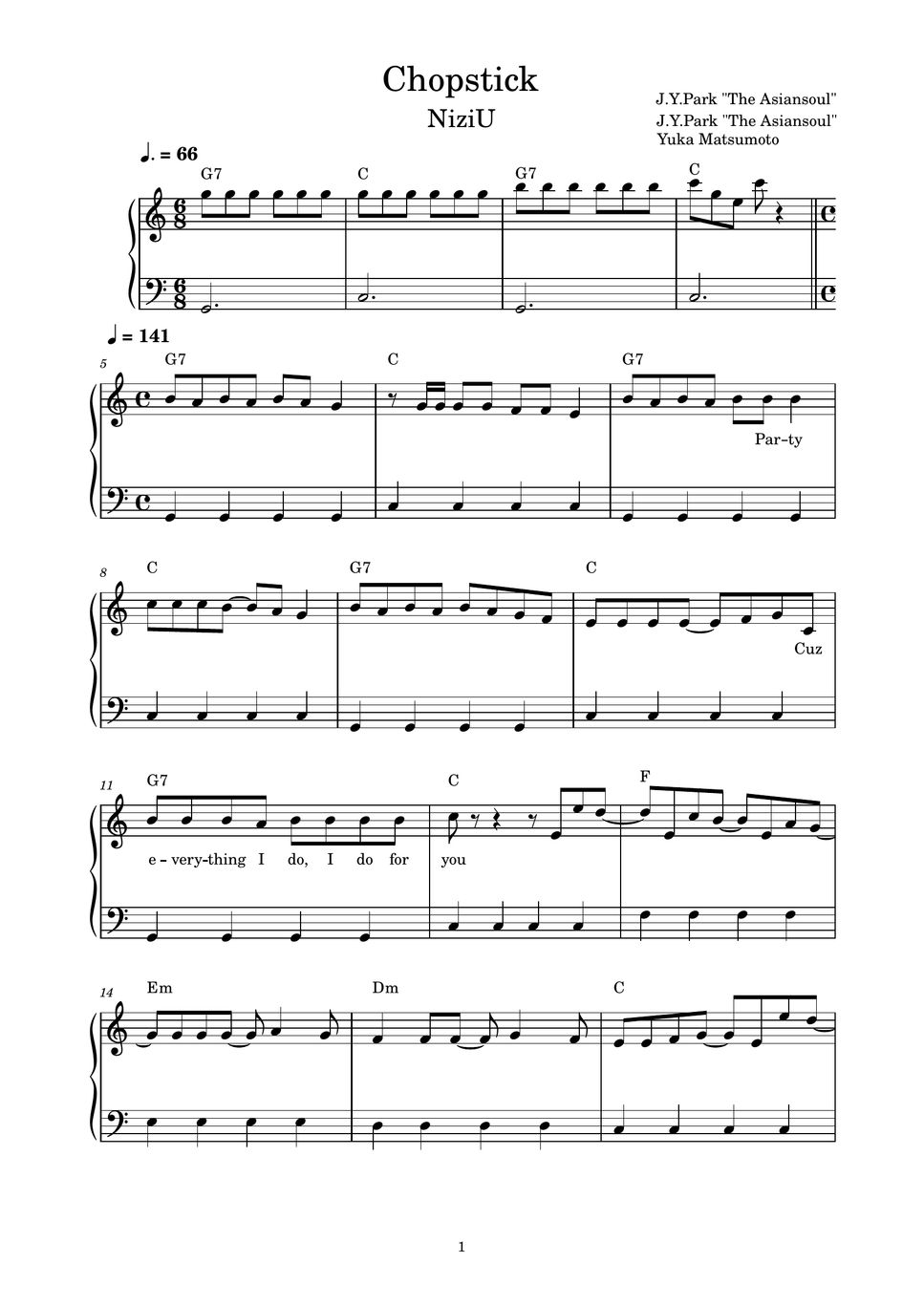 NiziU Chopstick (ピアノ楽譜 / かんたん両手 / 歌詞付き / ドレミ付き / 初心者向き) 楽譜 by piano.tokyo