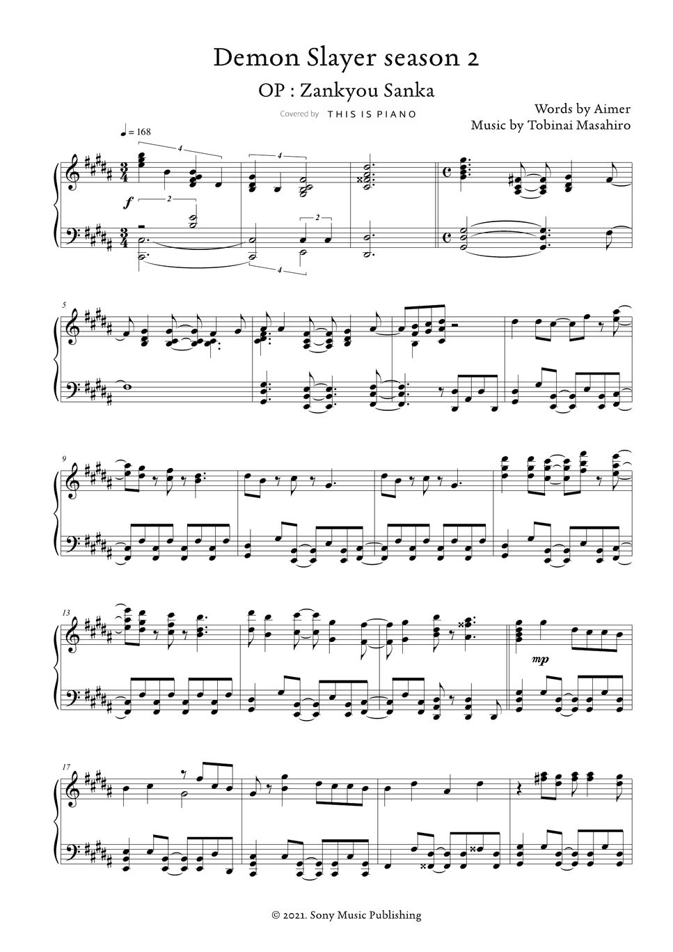 Demon Slayer Season 2 OP - Aimer Sheet music for Piano (Solo