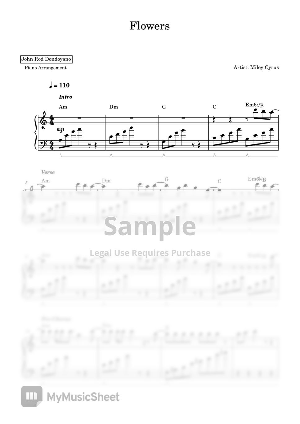 Miley Cyrus Flowers Sheet Music Notes Download Printa 9370