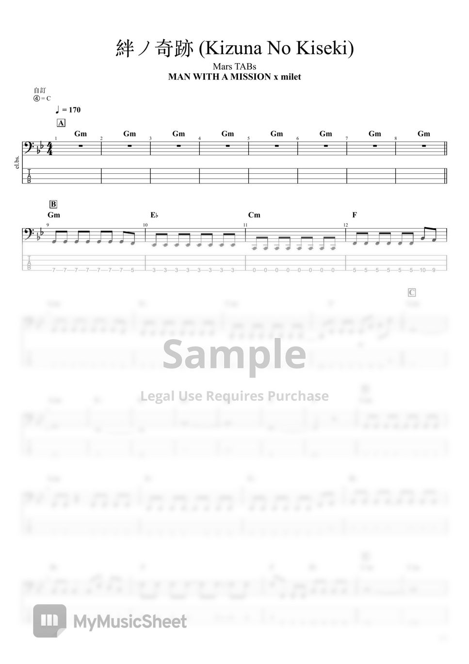 MAN WITH A MISSION × milet - 絆ノ奇跡(Kizuna no Kiseki) (Bass TAB) Tab