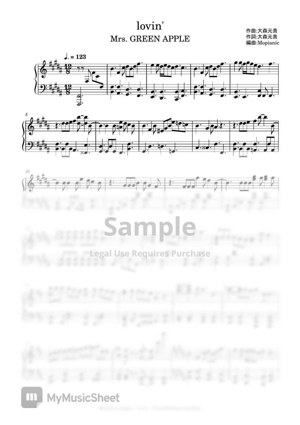 Mrs. GREEN APPLE - lovin' (intermediate, piano) 악보 by Mopianic