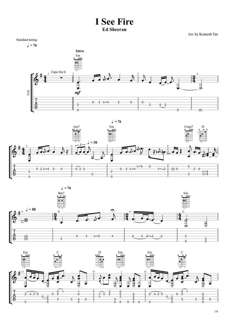 Ed Sheeran Fingerstyle Guitar I See Fire Sheet by Acoustic