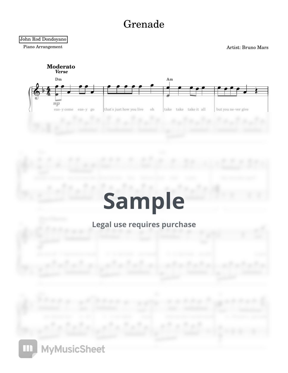 Bruno Mars - Grenade (PIANO SHEET) Sheets by John Rod Dondoyano