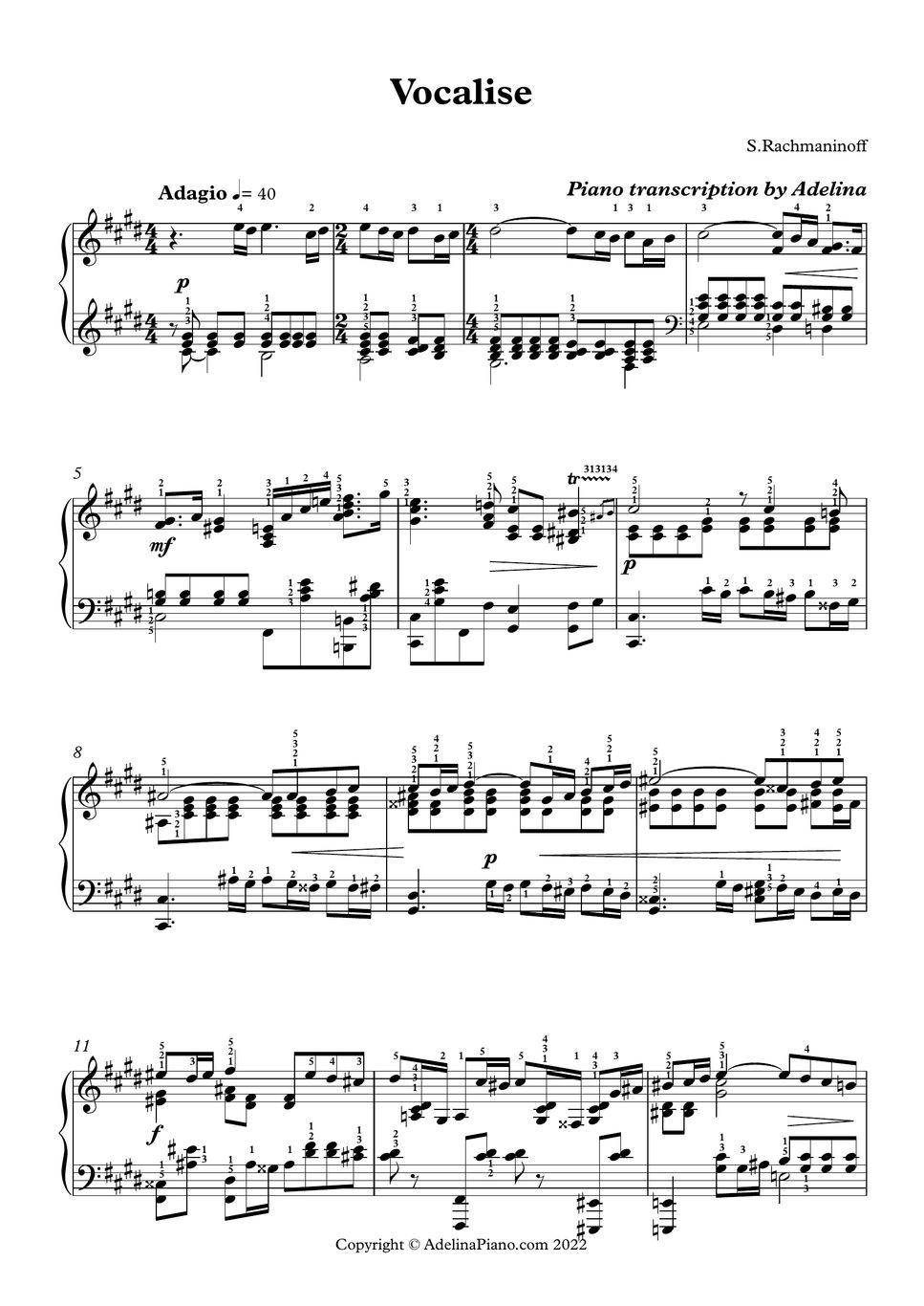 Rachmaninoff - Vocalise Sheet By Adelina Piano