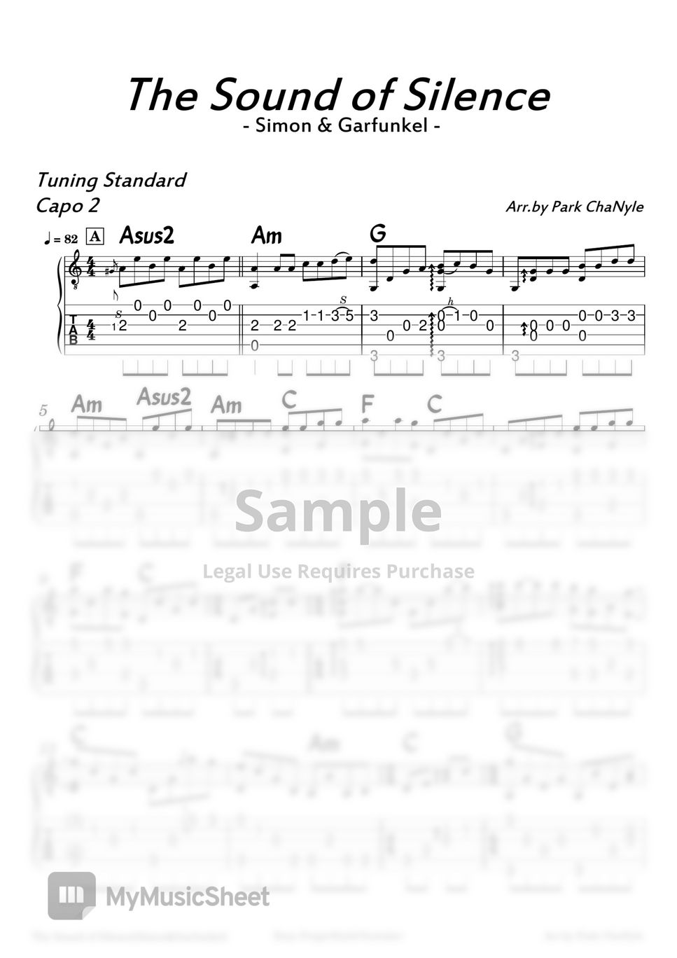 Simon & Garfunkel The Sound of Silence (Fingerstyle Guitar) Tab + 1staff by Park ChaNyle