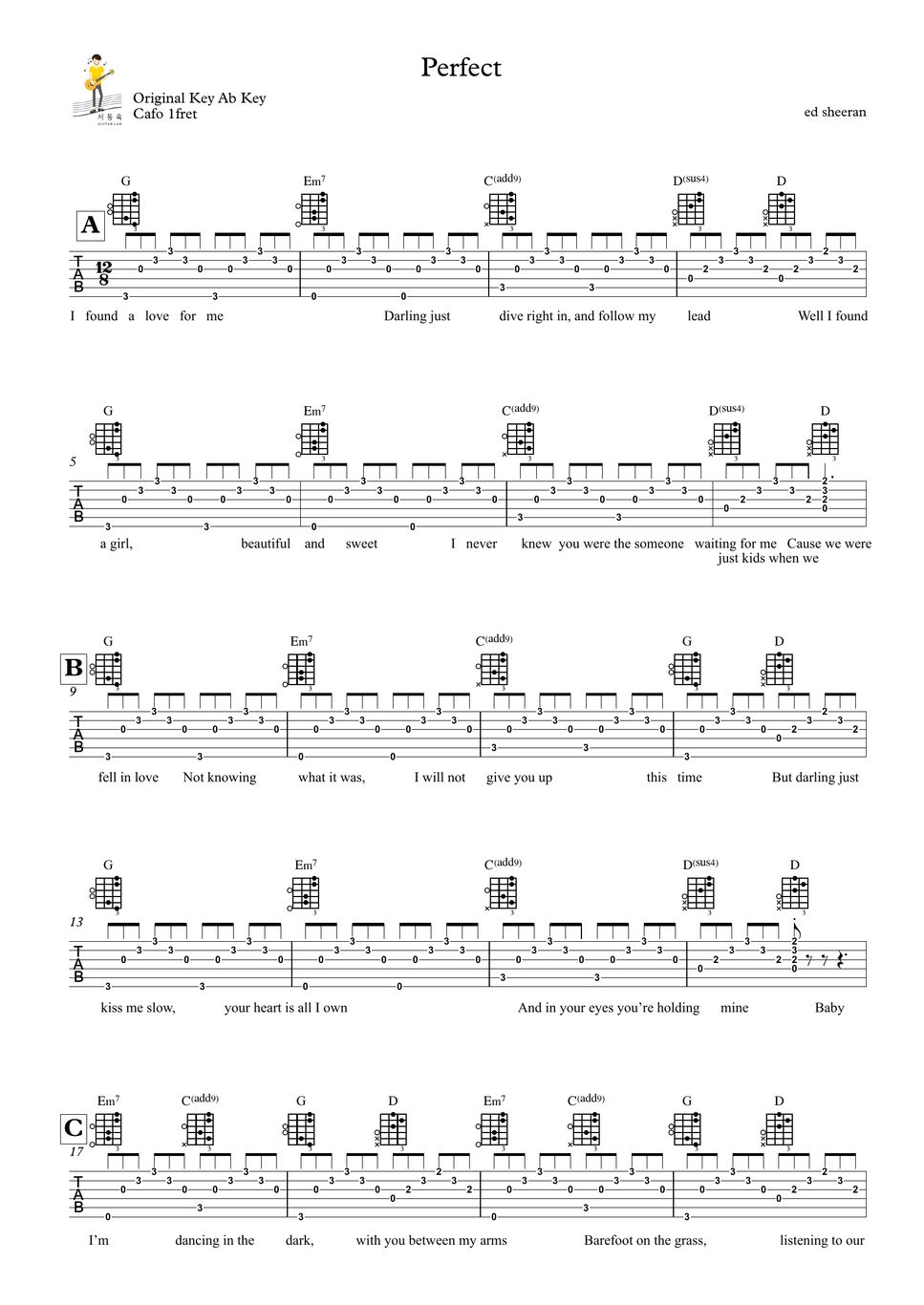 Ed Sheeran 에드시런 Perfect Guitar Tab Sheets By 서동욱