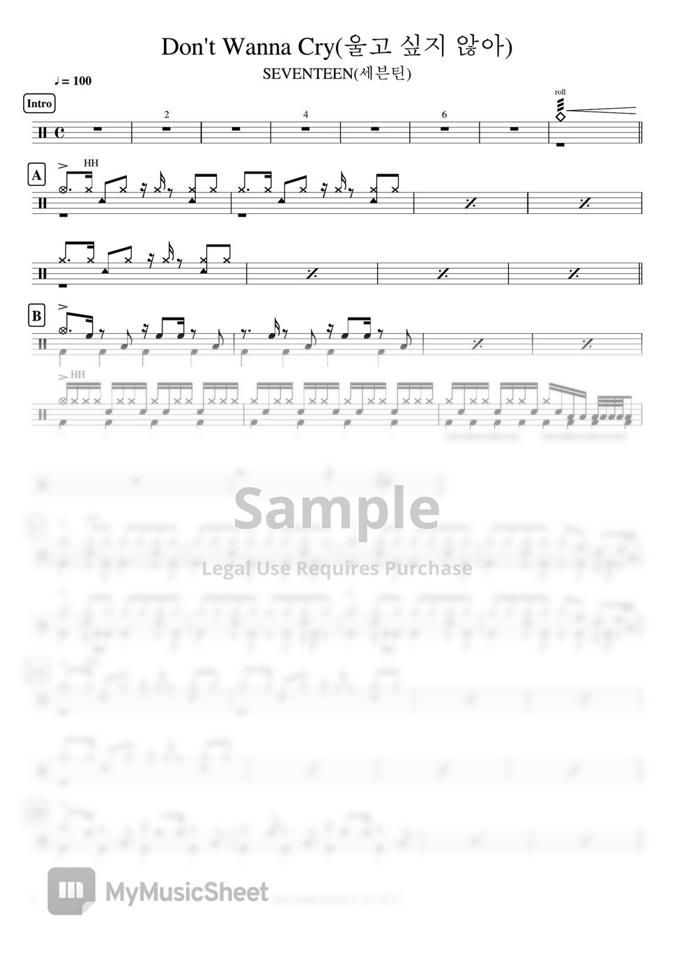 SEVENTEEN(세븐틴) - Don't Wanna Cry(울고 싶지 않아) by Cookai's J-pop Drum sheet music!!!