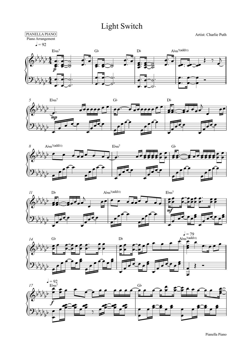 Charlie Puth Light Switch (Piano Sheet) Partitura by Pianella Piano