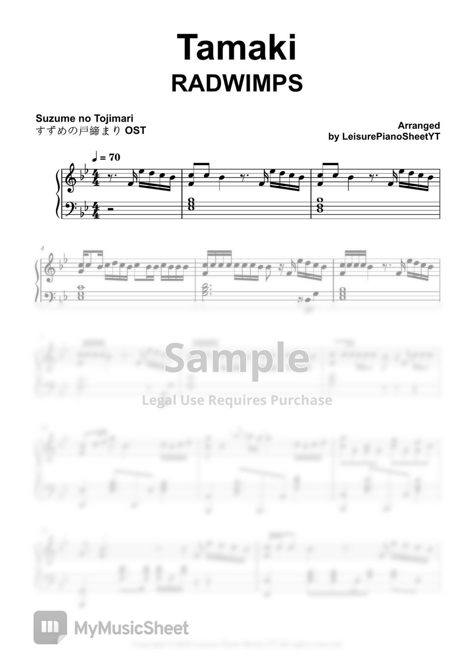 RADWIMPS - Tamaki (すずめの戸締まり OST) by Leisure Piano Sheets YT