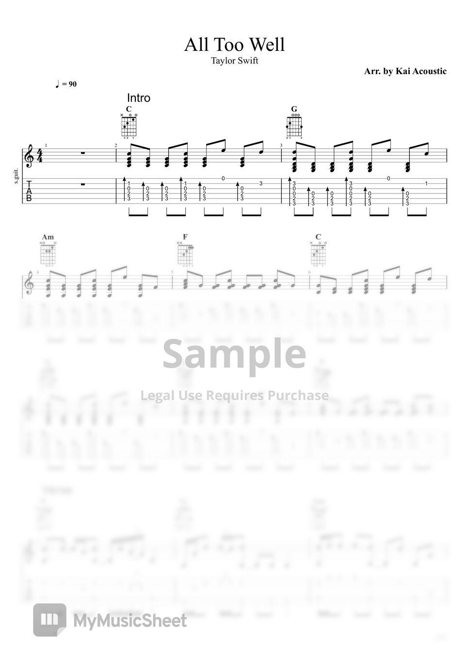 Taylor Swift All Too Well(Taylor Swift) Fingerstyle Guitar Tutorial TAB 曲谱 + 单线谱 by Kai Acoustic