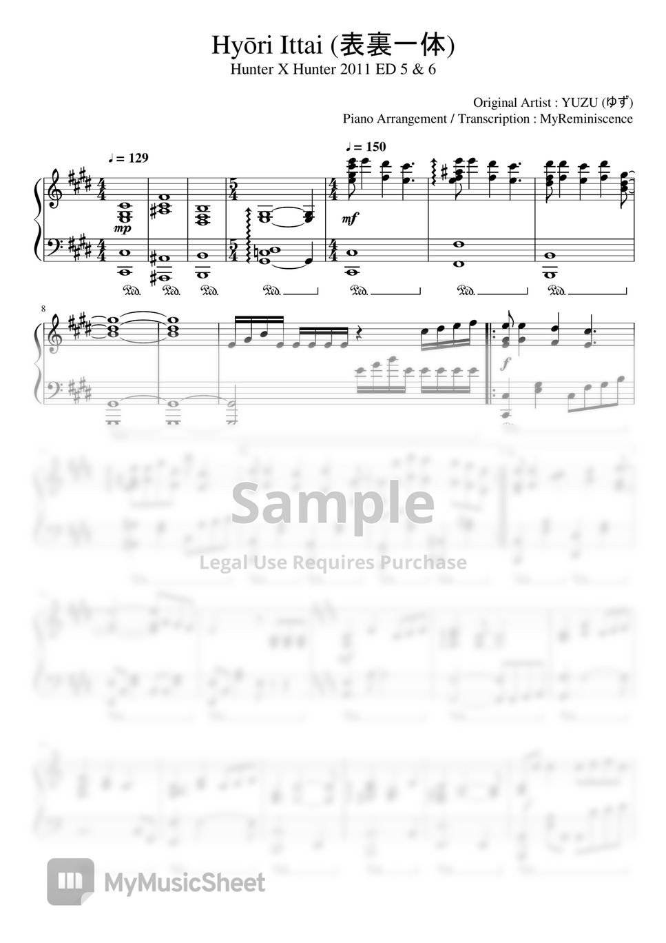 Yuzu - Hyōri Ittai (Hunter x Hunter 2011 ED 5 & 6) 楽譜 by