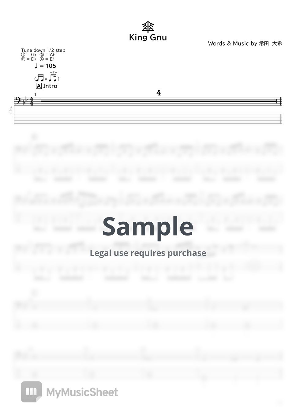 King Gnu 傘/Umbrella Sheets by たぶべー＠財布に優しいベース楽譜屋さん（BASS・TAB譜）