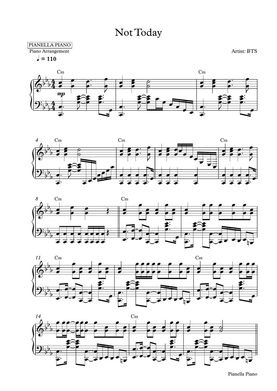 Bts not today piano sheet sheets by pianella piano