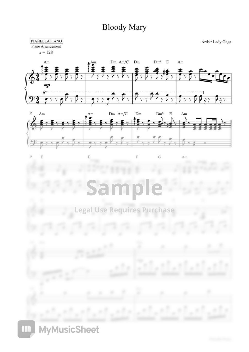 Lady Gaga Bloody Mary (Piano Sheet) Sheets by Pianella Piano