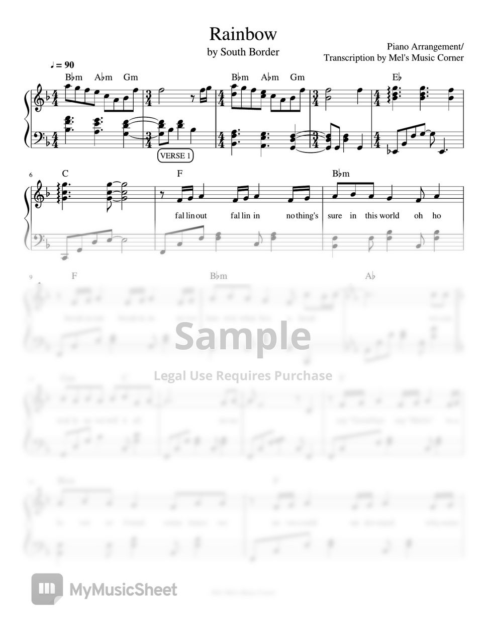 South Border - Rainbow (piano sheet music) by Mel's Music Corner