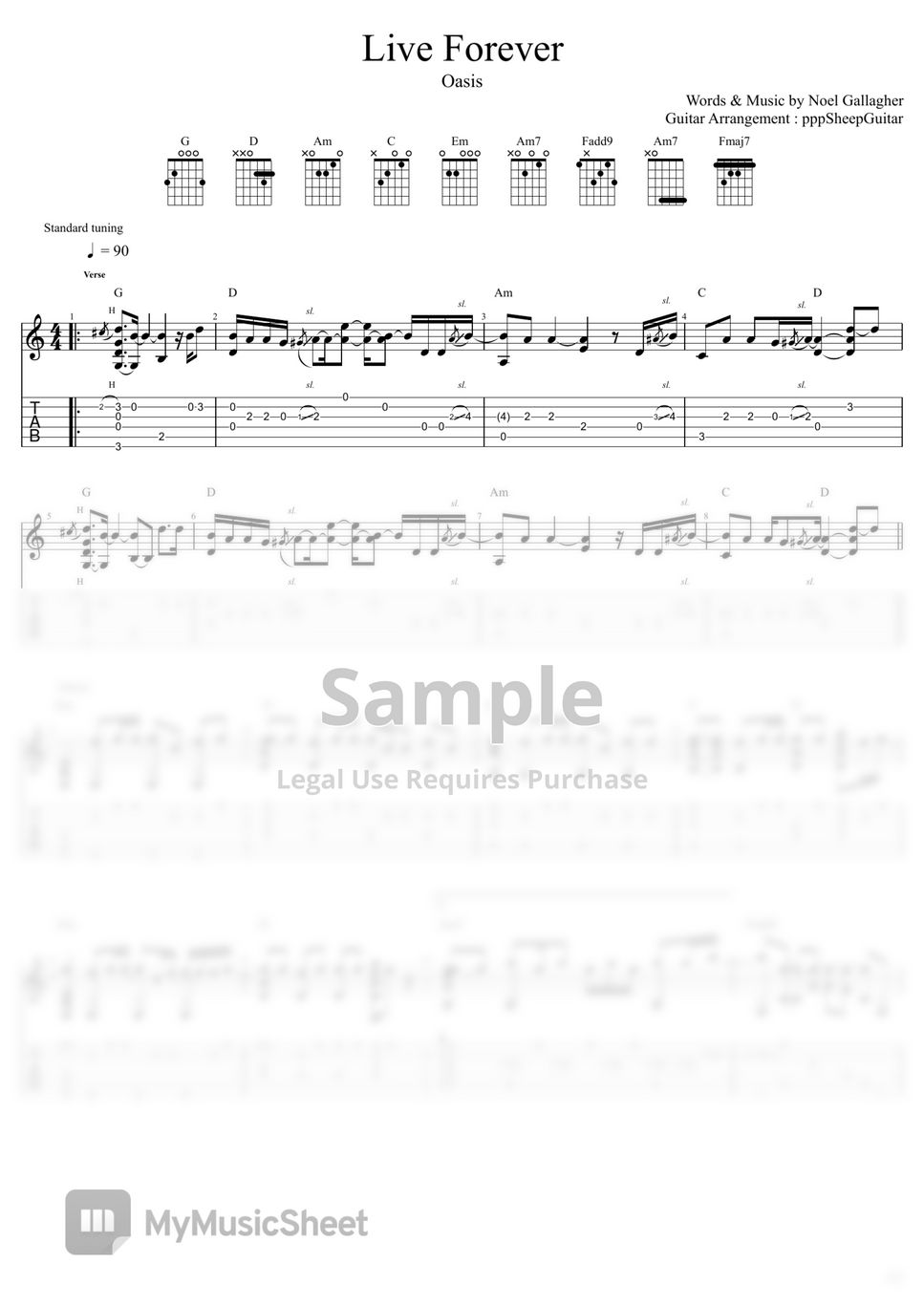 Oasis - Live Forever (Fingerstyle) Sheet Music by pppSheepGuitar