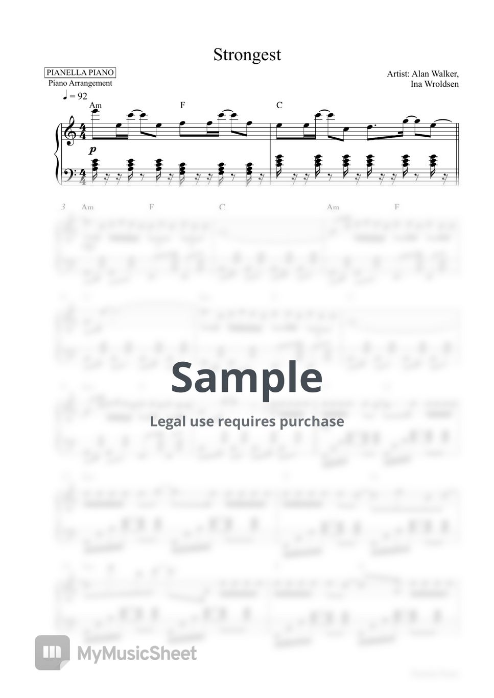 Alan Walker & Ina Wroldsen - Strongest (Piano Sheet) Sheets by Pianella  Piano