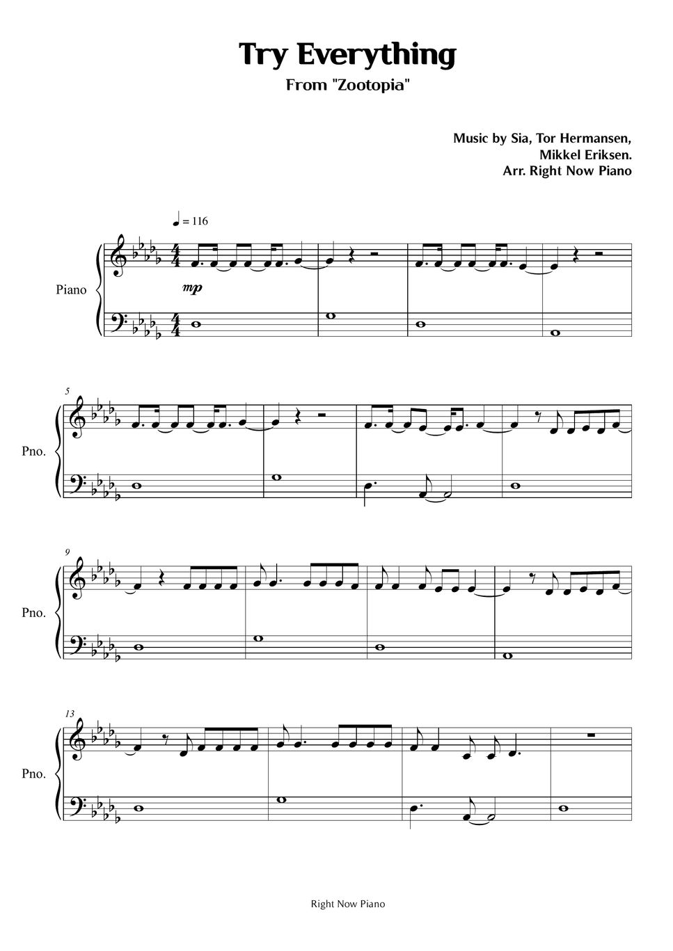 Zootopia - Try Everything Sheets by Right Now Piano