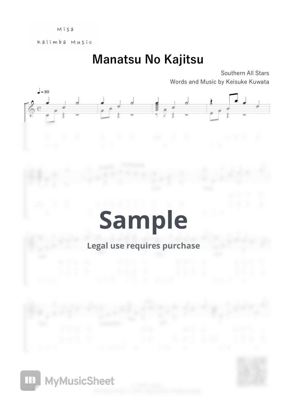 Southern All Stars - Manatsu No Kajitsu / 17 keys kalimba / Number Notation by Misa / Kalimba Music