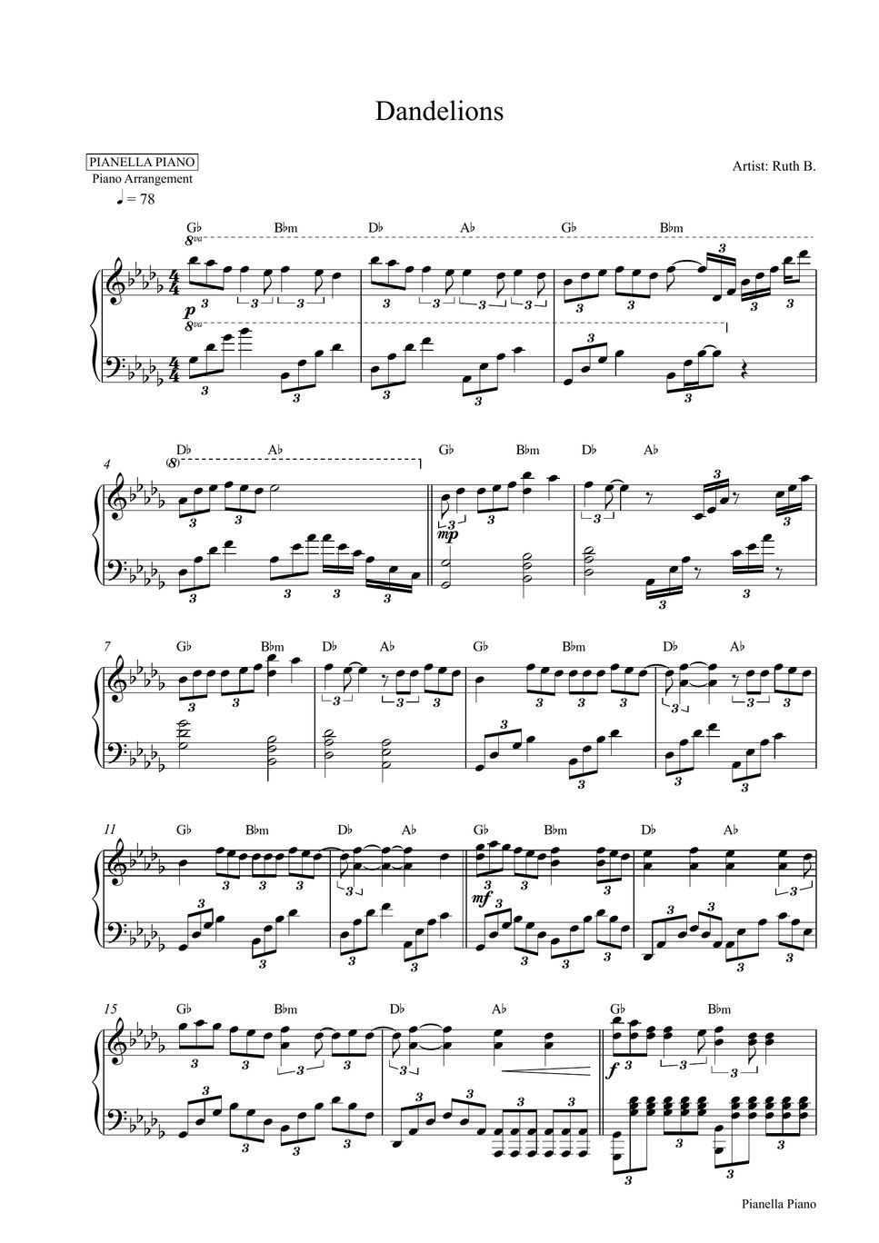 Ruth B. - Dandelions (Piano Sheet | Get 2 PDF: In Original Key Db Major ...