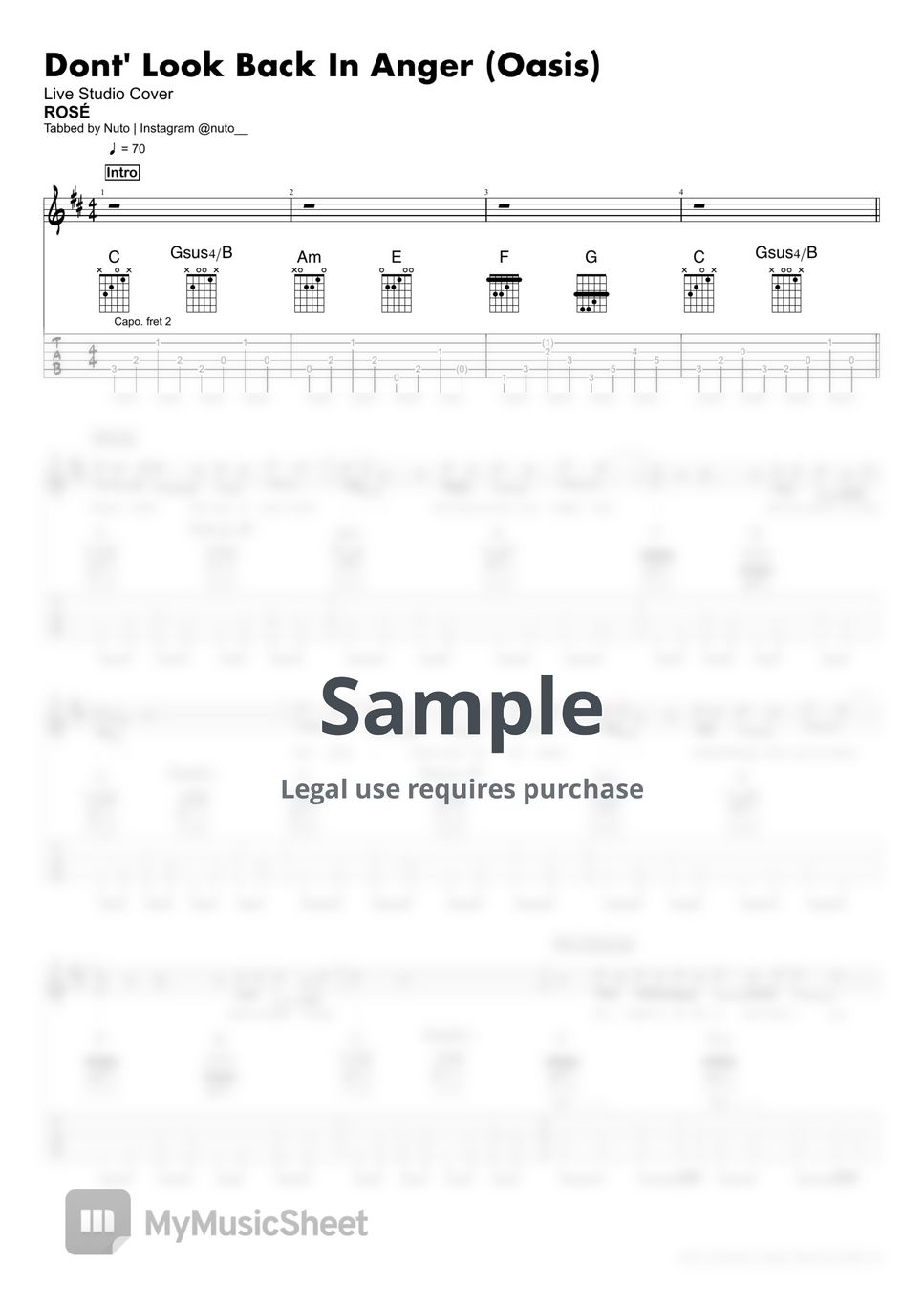 ROSÉ(로제) Don't Look Back In Anger (Oasis) (보컬 멜로디 및 일렉기타 코드와 타브