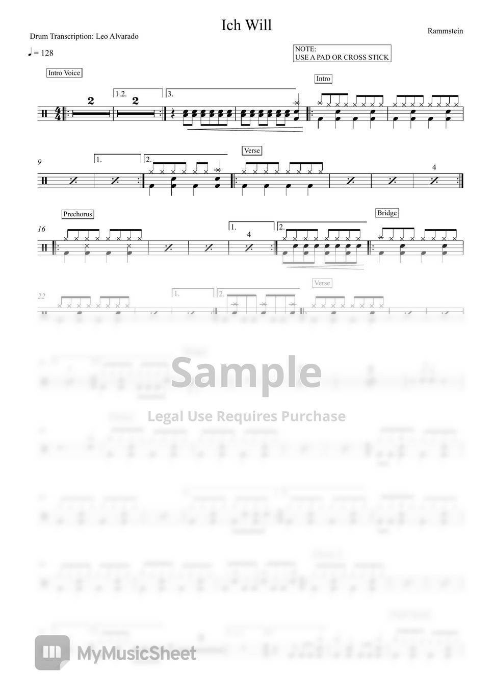 Rammstein - Ich Will Sheets by Drum Transcription: Leo Alvarado