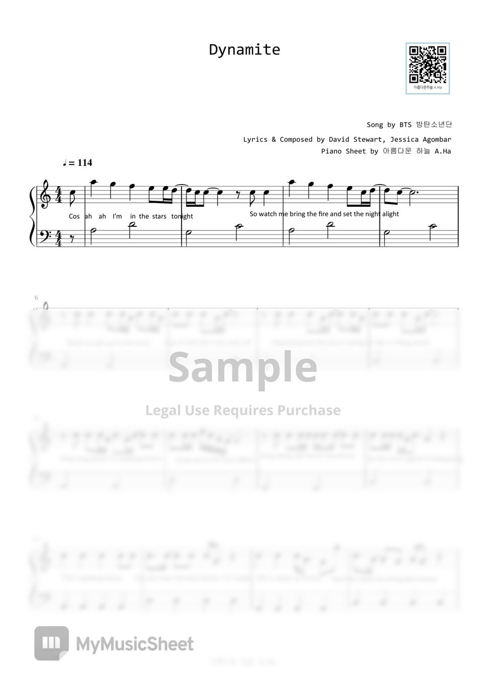 BTS 방탄소년단 Dynamite (Level1 Very Easy) Sheet Music by