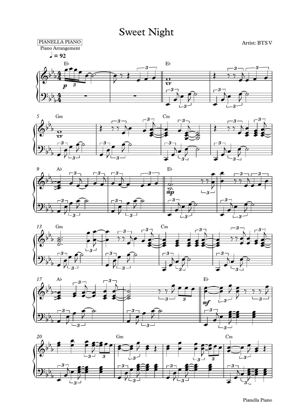 BTS V Sweet Night (ITAEWON CLASS OST) (Piano Sheet) Sheet by Pianella