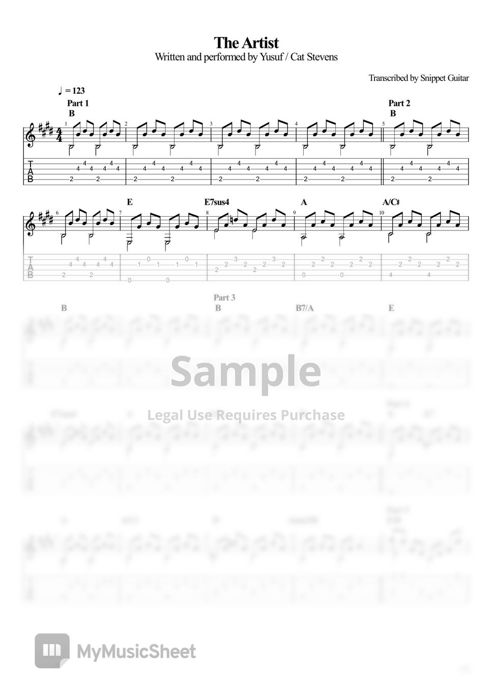 Yusuf / Cat Stevens The Artist (Fingerstyle Guitar) Sheets by Snippet