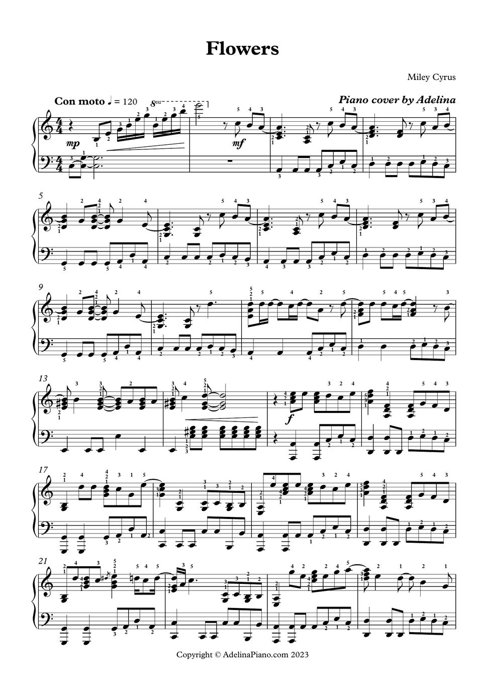 Miley Cyrus Flowers Partition musicale by Adelina Piano