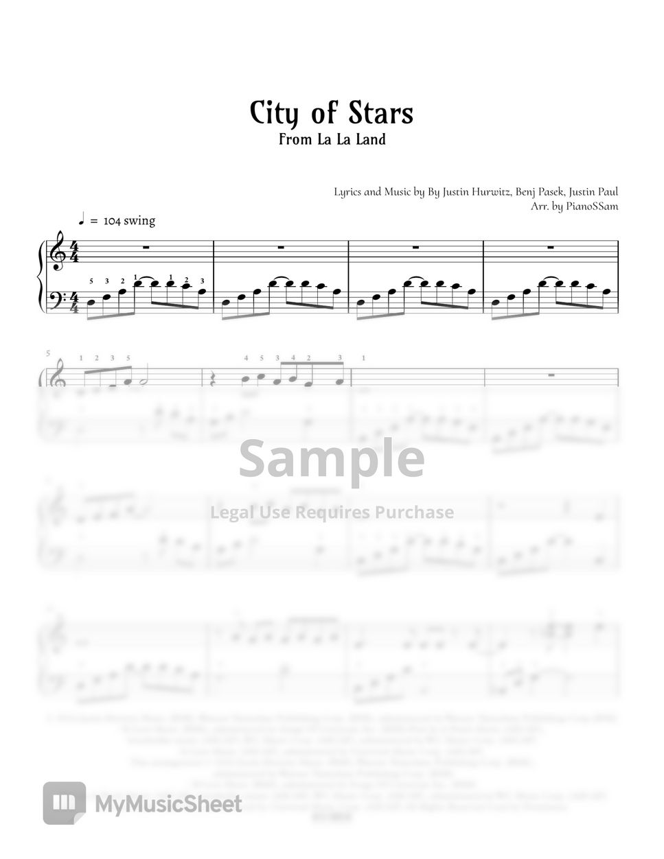 La La Land - City of Stars (Intermediate Level) (Hurwitz) - Piano Sheet  Music