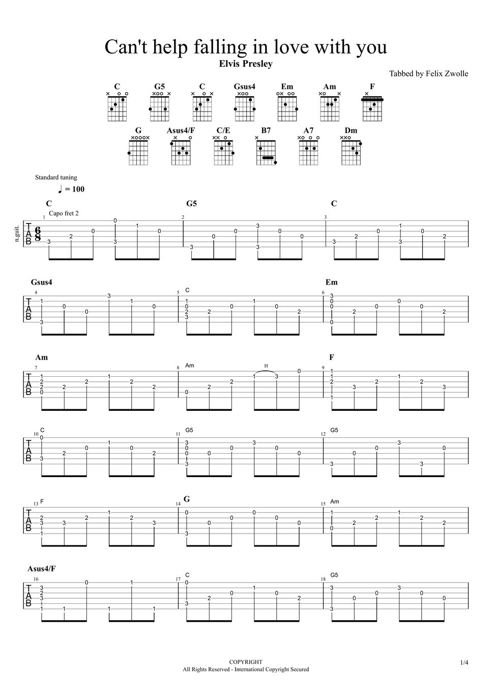 Elvis Presley Cant Help Falling In Love 曲谱 By Fingerstyle Master 2049