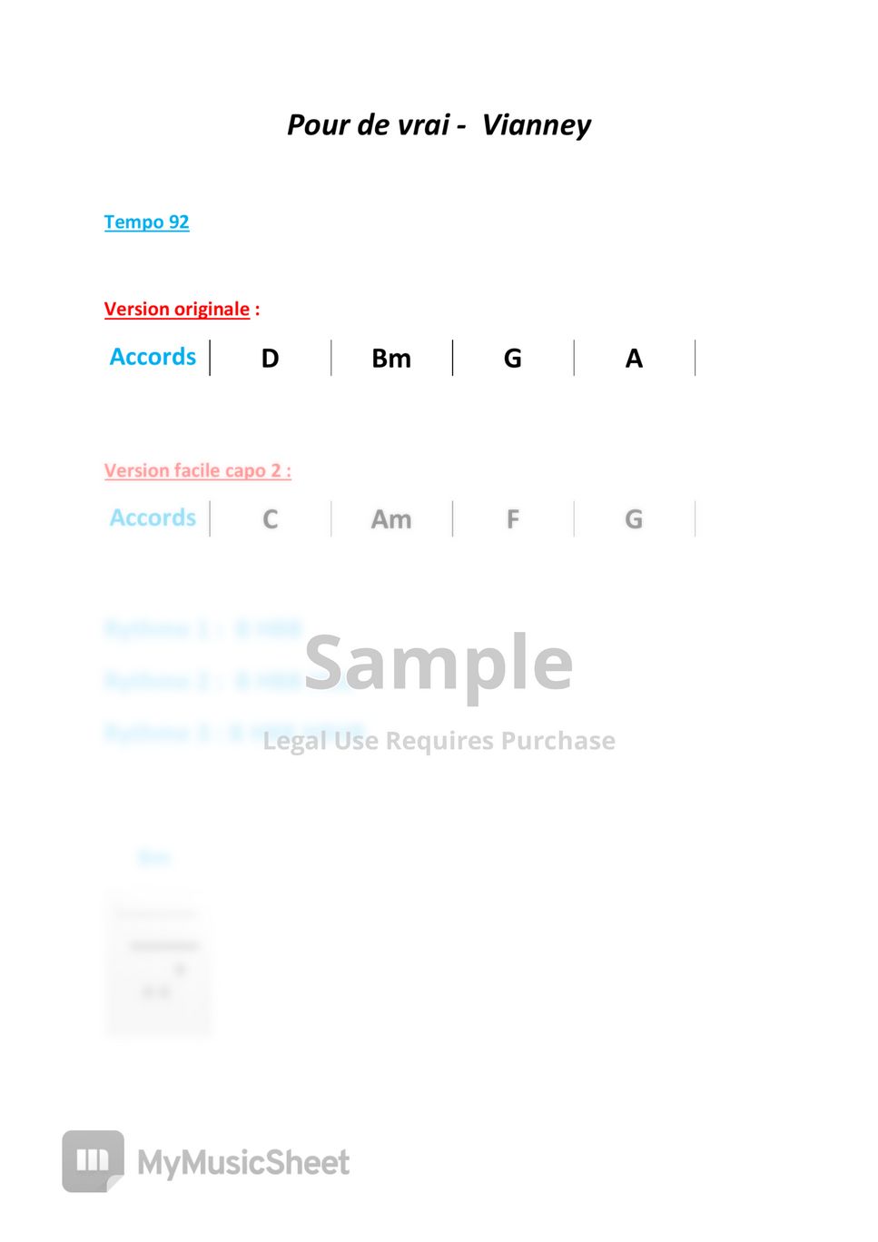 Vianney Pour de vrai (Accords et rythme) Notenblatt by Vianney