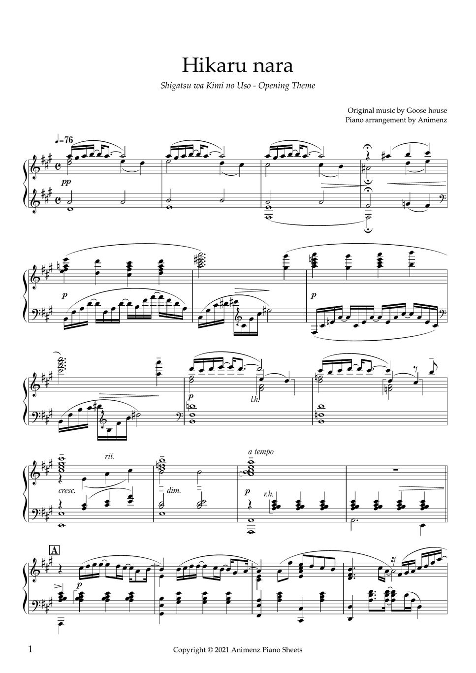 Hikaru Nara Sheet music for Piano (Solo)