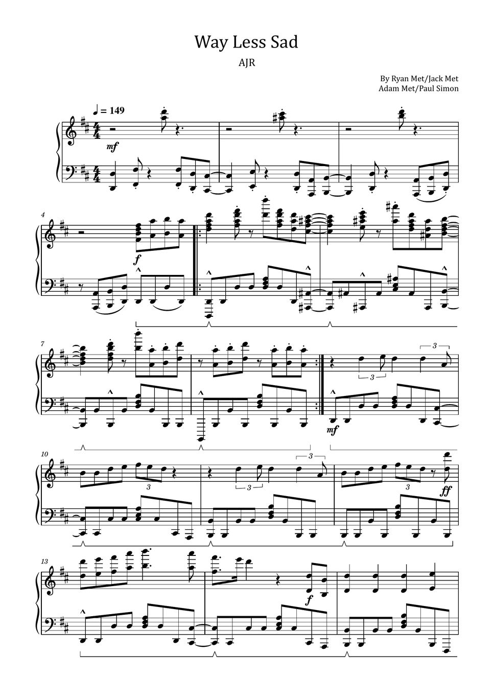 Ryan Metjack Metadam Metpaul Simon Way Less Sad Ajr For Piano Solo 악보 By Poon