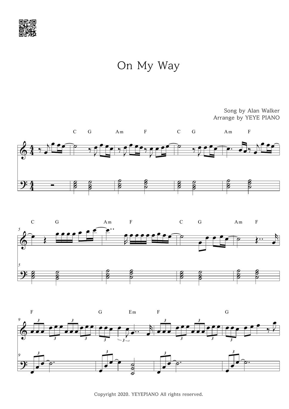 Alan Walker - On My Way Sheet by 예예피아노(YEYE PIANO)